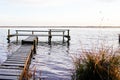 Wooden jetty fishing boat on lake of sanguinet biscarosse in landes france