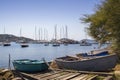 Wooden jetty in the old harbour of Skiathos, Skiathos Town, Greece, August 18, 2017 Royalty Free Stock Photo