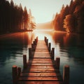 Wooden jetty protrudes into the lake during sunset Royalty Free Stock Photo