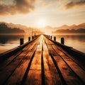 Wooden jetty protrudes into the lake during sunset Royalty Free Stock Photo