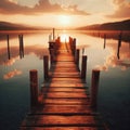 Wooden jetty protrudes into the lake during sunset Royalty Free Stock Photo