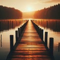 Wooden jetty protrudes into the lake during sunset Royalty Free Stock Photo