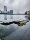 Wooden jetty on a rainy autumn day, Yekaterinburg, Russia