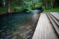 A wooden jetty at a rushing river. marina for canoeists in Central Europe Royalty Free Stock Photo