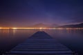 Wooden jetty on sea sunset and sky reflection water. Long exposure. Royalty Free Stock Photo