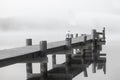 Wooden jetty with seagull in calm lake on foggy day Royalty Free Stock Photo