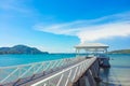 wooden jetty walkway with pavillion to the sea