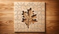 Wooden Jigsaw Puzzle with a Leaf-Shaped Missing Piece on a Table