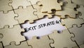 Wooden Jigsaw Puzzle Missing Piece Reveals Handwritten Exit Strategy Concept Royalty Free Stock Photo