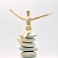 Wooden doll sitting on a pile of zen stones Royalty Free Stock Photo