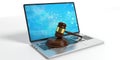 Wooden judge or auction gavel and a laptop on white background. 3d illustration