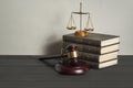 Law concept. Wooden judge gavel with law books ,scales of justice on table in a courtroom or enforcement office. Royalty Free Stock Photo