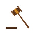 Wooden judge gavel and soundboard. Justice hammer sign. Vector.