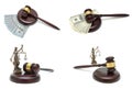 Wooden judge hammer, money and a statute of justice