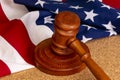 Wooden judge`s gavel on the background of the American flag. Concept: claim and compensation for damages, court session, announcem Royalty Free Stock Photo