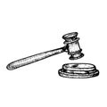Wooden judge`s hammer gavel and stand, gravure style hand drawn vector illustration Royalty Free Stock Photo