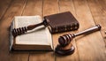 Wooden judges gavel and open law book in a Royalty Free Stock Photo