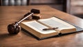 Wooden judges gavel and open law book in a