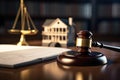 A wooden judges gavel on table with House Model