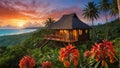 A wooden jungle house with a beautiful ocean view, with the sun setting into the horizon of the ocean