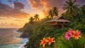 A wooden jungle house with a beautiful ocean view, with the sun setting into the horizon of the ocean