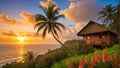 A wooden jungle house with a beautiful ocean view, with the sun setting into the horizon of the ocean