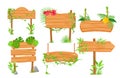 Wooden jungle signposts flat vector illustrations set