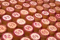 Wooden kegs for a game in a lotto with red numbers. Vintage barrels Bingo Board game. Close up