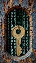 A wooden key is hanging in a hole with binary code behind it Royalty Free Stock Photo