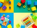 Wooden kids toys on colourful paper. Educational toys blocks. Toys for kindergarten, preschool or daycare. Copy space for text.