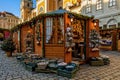 Wooden kiosk with handmade Christmas decorations in Vienna, Austria