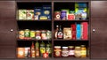 Wooden kitchen cabinet full of food