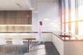 Wooden kitchen interior, dark marble, girl