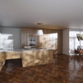 Wooden kitchen in minimalistic white interior 3d render