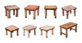 Wooden kitchen tables set. Isolated cartoon medieval dining room furniture from natural wood. Massive desks, vector