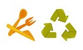 Wooden Kitchen Tools and Recycle Symbol for Zero Waste Use and Planet Conservation Vector Set