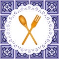 Wooden Spoon and Fork, Eyelet Lace Doily, Spanish Tile Background