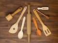 Wooden kitchen tools on vintage wooden background Royalty Free Stock Photo