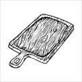 Wooden kitchen utensils, cutting board, dishes, carved wood. Vector doodling graphics. Isolated elements. Hand drawing