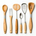 Wooden Kitchen Utensils Set - Spoons, Fork, Spatulas and Slotted Spoon on White Background Royalty Free Stock Photo