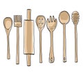 Wooden kitchen utensils set of hand drawn art illustration Royalty Free Stock Photo