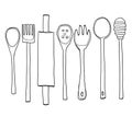 Wooden kitchen utensils set of hand drawn line art cute illustration Royalty Free Stock Photo