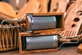 Wooden kitchen utensils. Wooden grater and other wooden tools for the kitchen in the background. Royalty Free Stock Photo