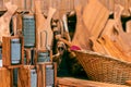 Wooden kitchen utensils. Wooden grater and other wooden tools for the kitchen in the background. Royalty Free Stock Photo