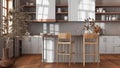 Wooden kitchen in white and beige tones with island and stools. Parquet floor, shelves and cabinets. Farmhouse boho interior