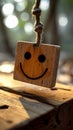 Wooden label with smiley face positive feedback, mental health day