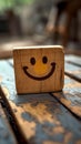 Wooden label with smiley face positive feedback, mental health day