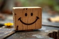 Wooden label with smiley face positive feedback, mental health day