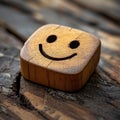 Wooden label with smiley face positive feedback, mental health day