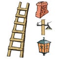 wooden ladder with different vintage objects